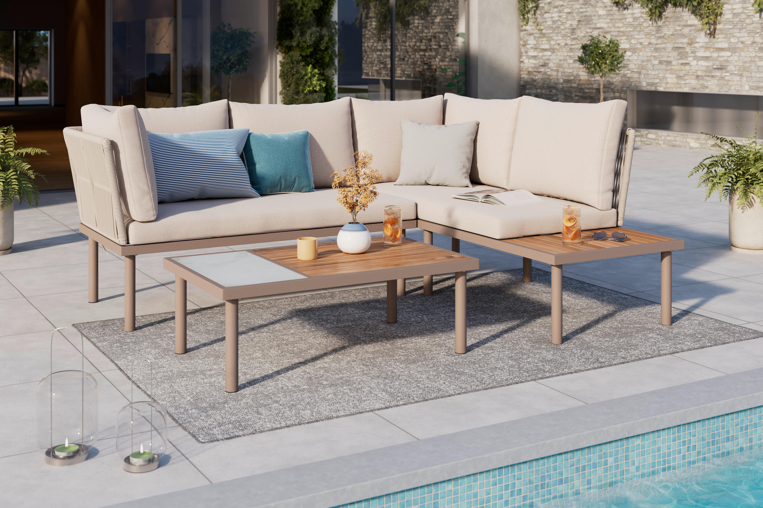 LOUNGEGARNITUR Akazie massiv Eisen  - Creme/Akaziefarben, MODERN, Holz/Textil (215l) - Ambia Garden