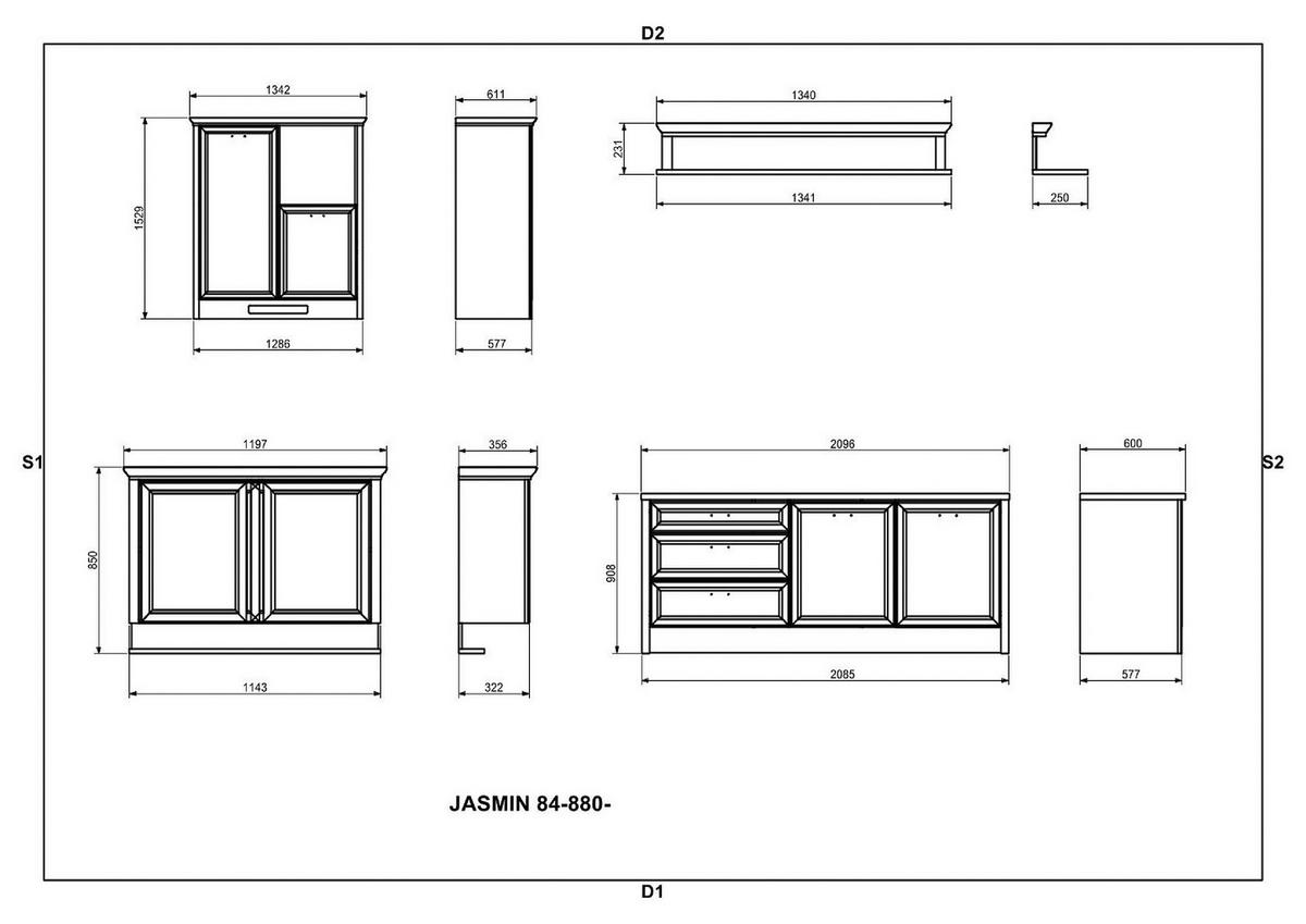 KÜCHENBLOCK 210-134 cm   in Anthrazit, Eiche Artisan  - Anthrazit/Eiche Artisan, ROMANTIK / LANDHAUS, Glas/Holzwerkstoff (210-134cm) - MID.YOU