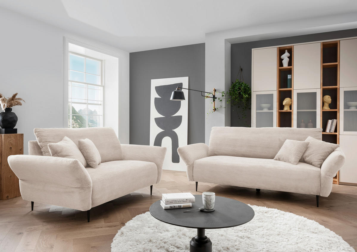 3-SITZER-SOFA in Cord Beige  - Beige/Schwarz, Design, Textil/Metall (201/97/102cm) - Livetastic