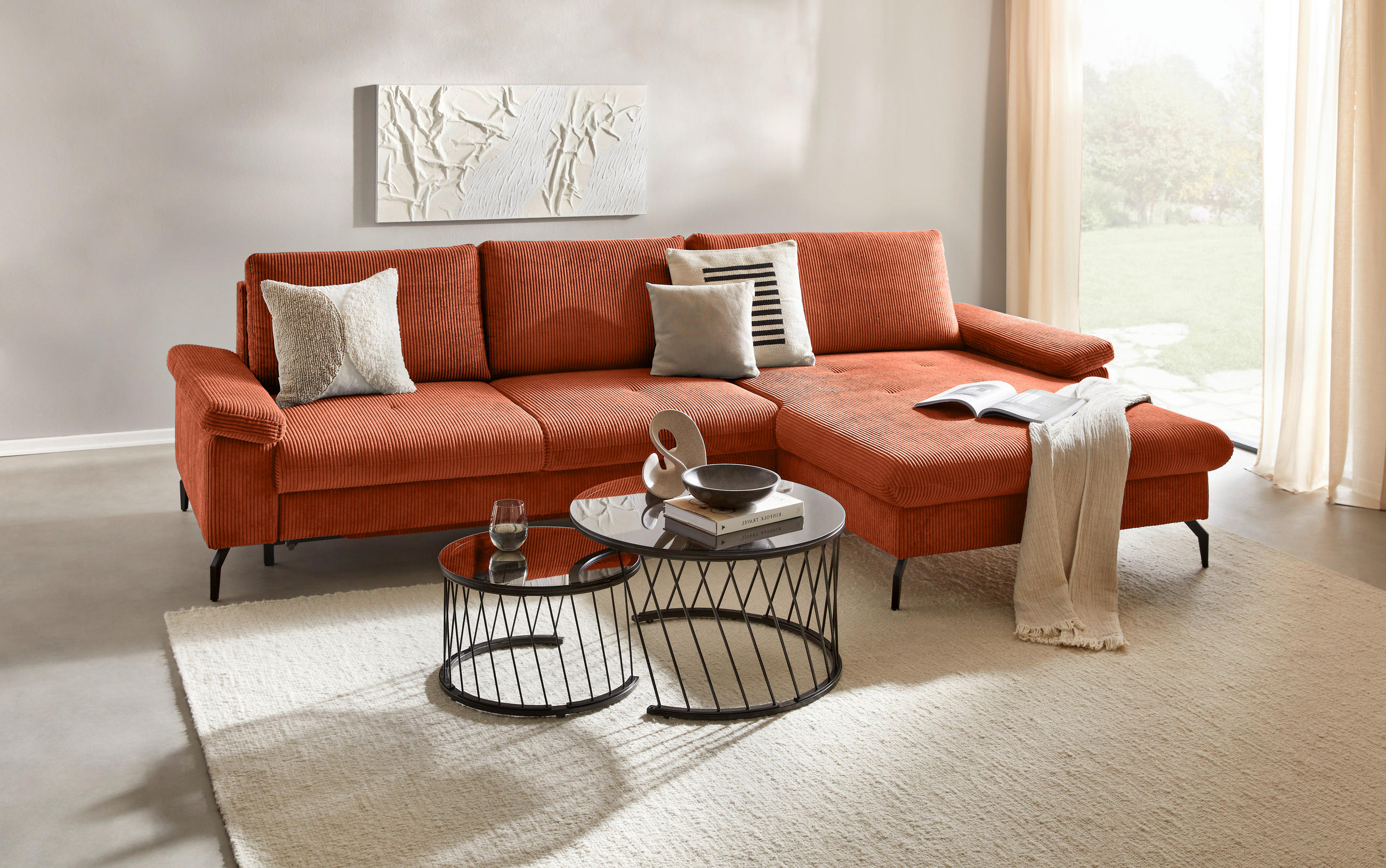 ECKSOFA Terracotta Cord, Velours  - Terracotta/Schwarz, MODERN, Textil/Metall (180/302cm) - Venda