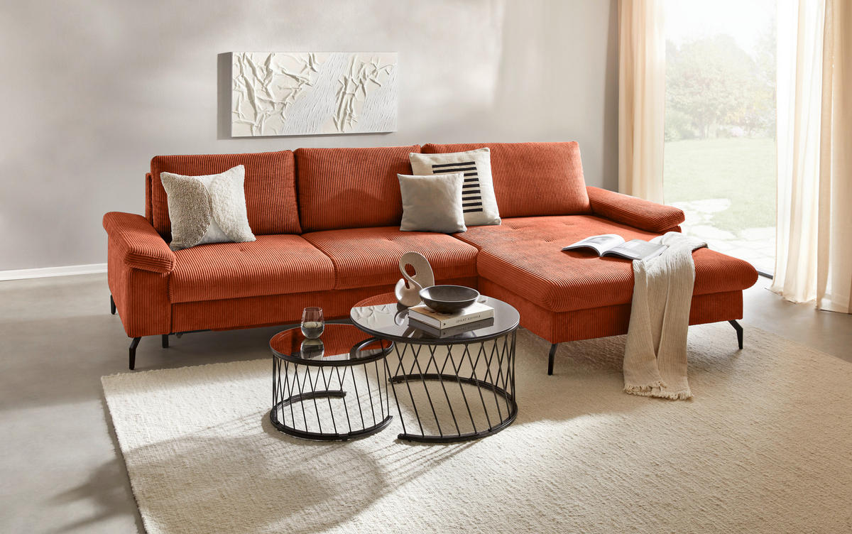 ECKSOFA in Cord, Velours Terracotta  - Terracotta/Schwarz, MODERN, Textil/Metall (180/302cm) - Venda
