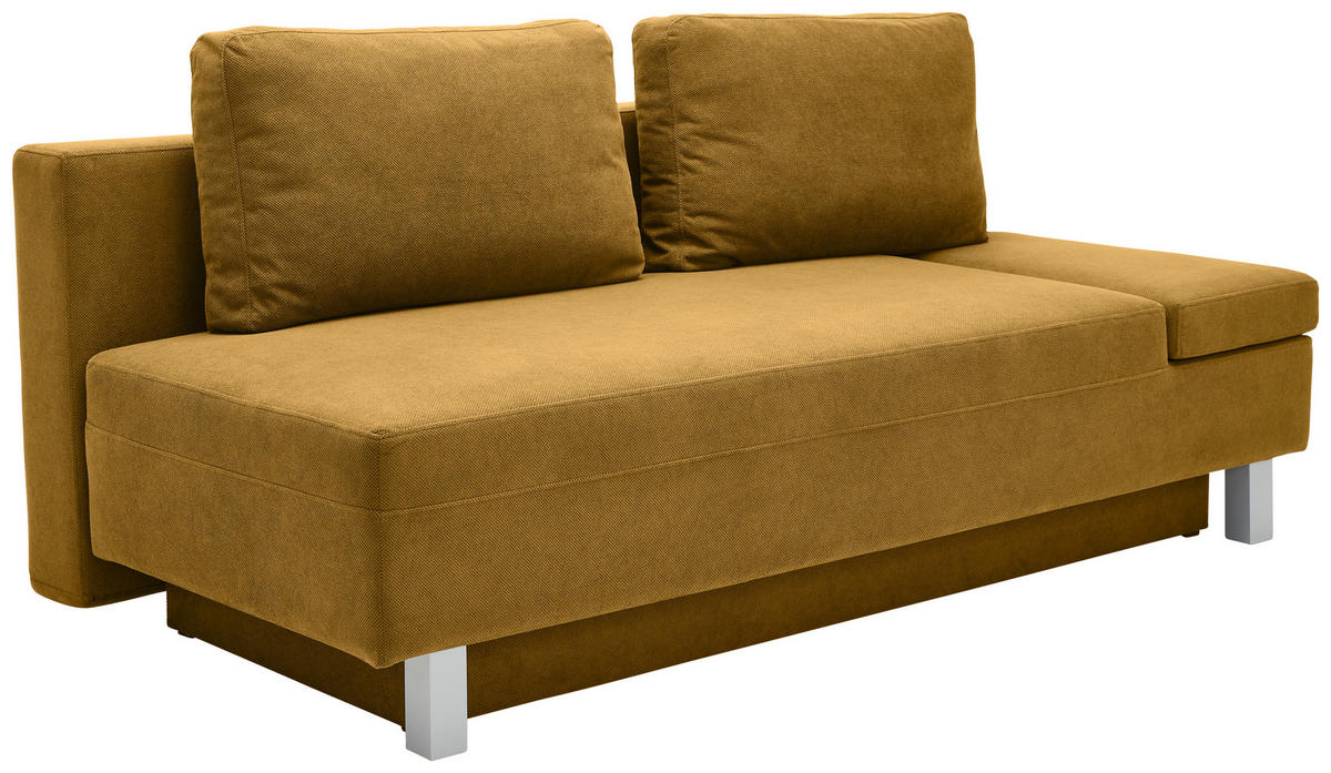SCHLAFSOFA  mit Stoffauswahl, Schlafen auf Sitzhöhe, Armteil rechts Flachgewebe Senfgelb  - Chromfarben/Senfgelb, Design, Holz/Textil (205/77-93/99cm) - Novel