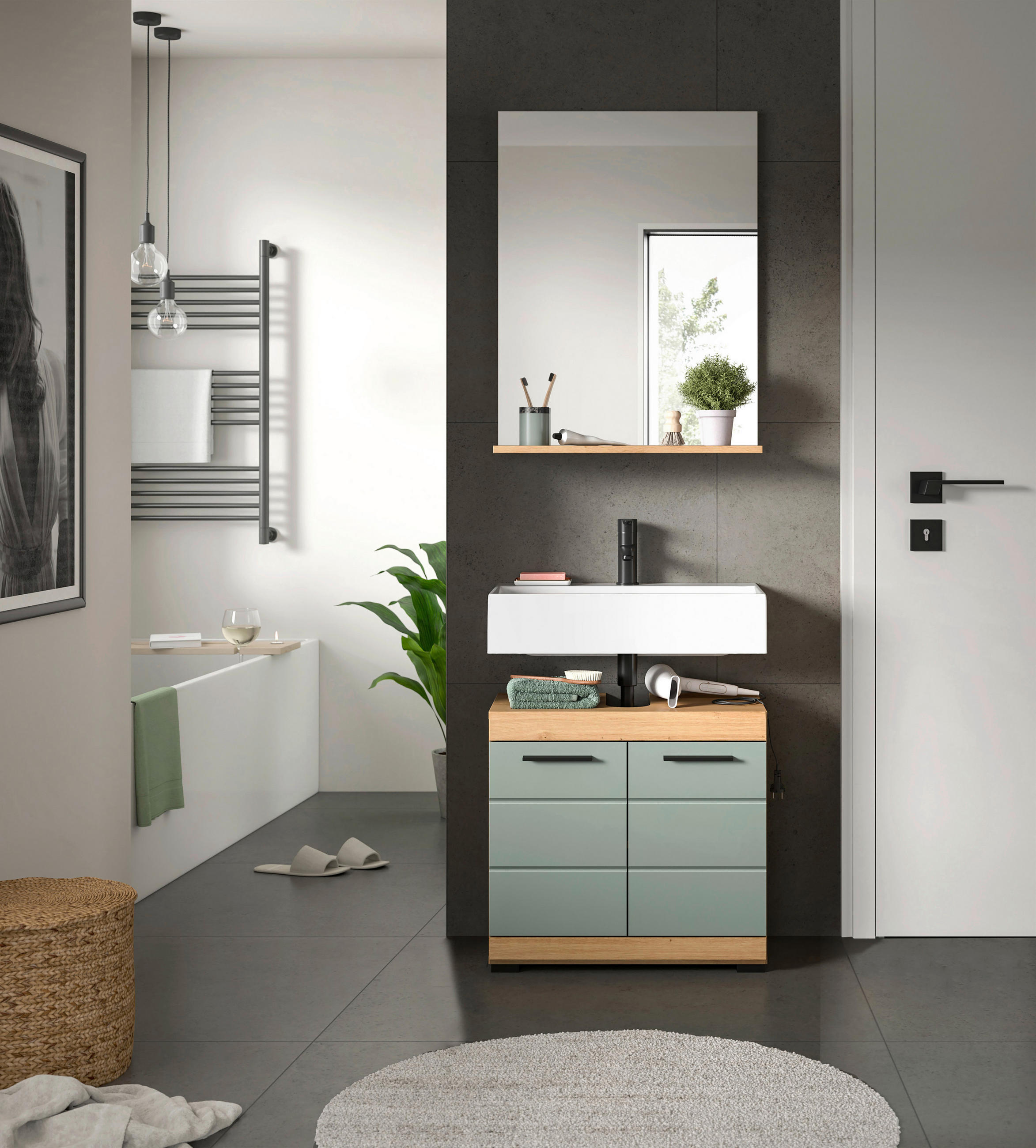 BADEZIMMER 2-teilig  in 60 cm  - Salbeigrün/Eichefarben, MODERN, Glas/Holzwerkstoff (60cm) - MID.YOU