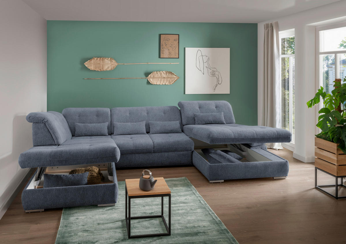 WOHNLANDSCHAFT in Chenille Hellblau  - Chromfarben/Hellblau, Design, Textil/Metall (254/376/195cm) - Livetastic