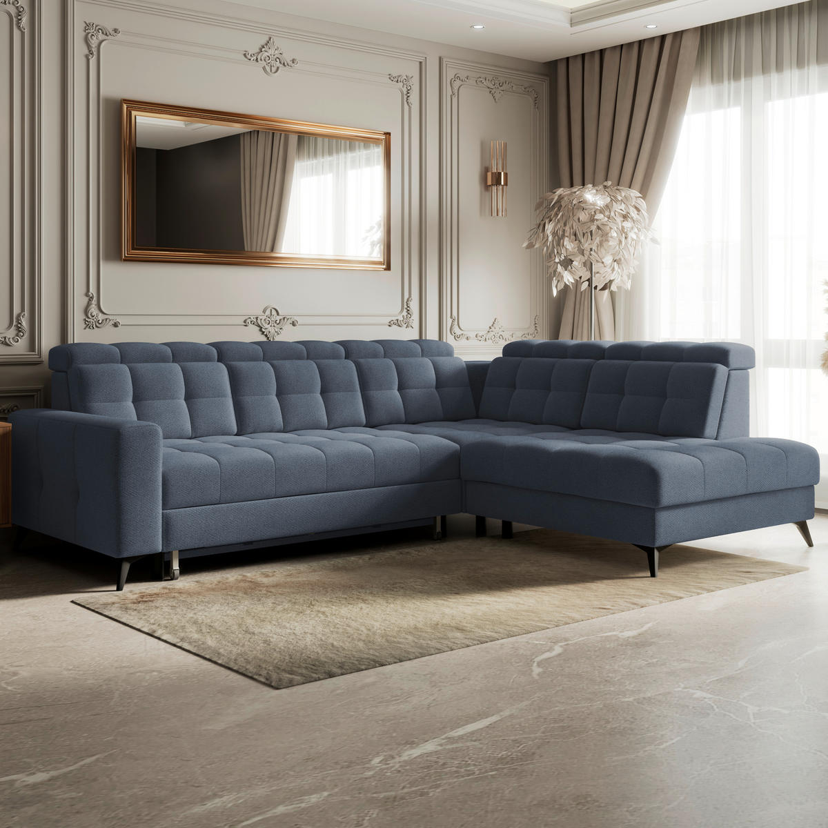ECKSOFA BARLETTA NEW Blau Velours Bettkasten, Kopfteilverstellung, Sitztiefenverstellung, Liegefläche im Originalstoff  - Blau/Schwarz, ROMANTIK / LANDHAUS, Textil/Metall (289/228cm) - MID.YOU