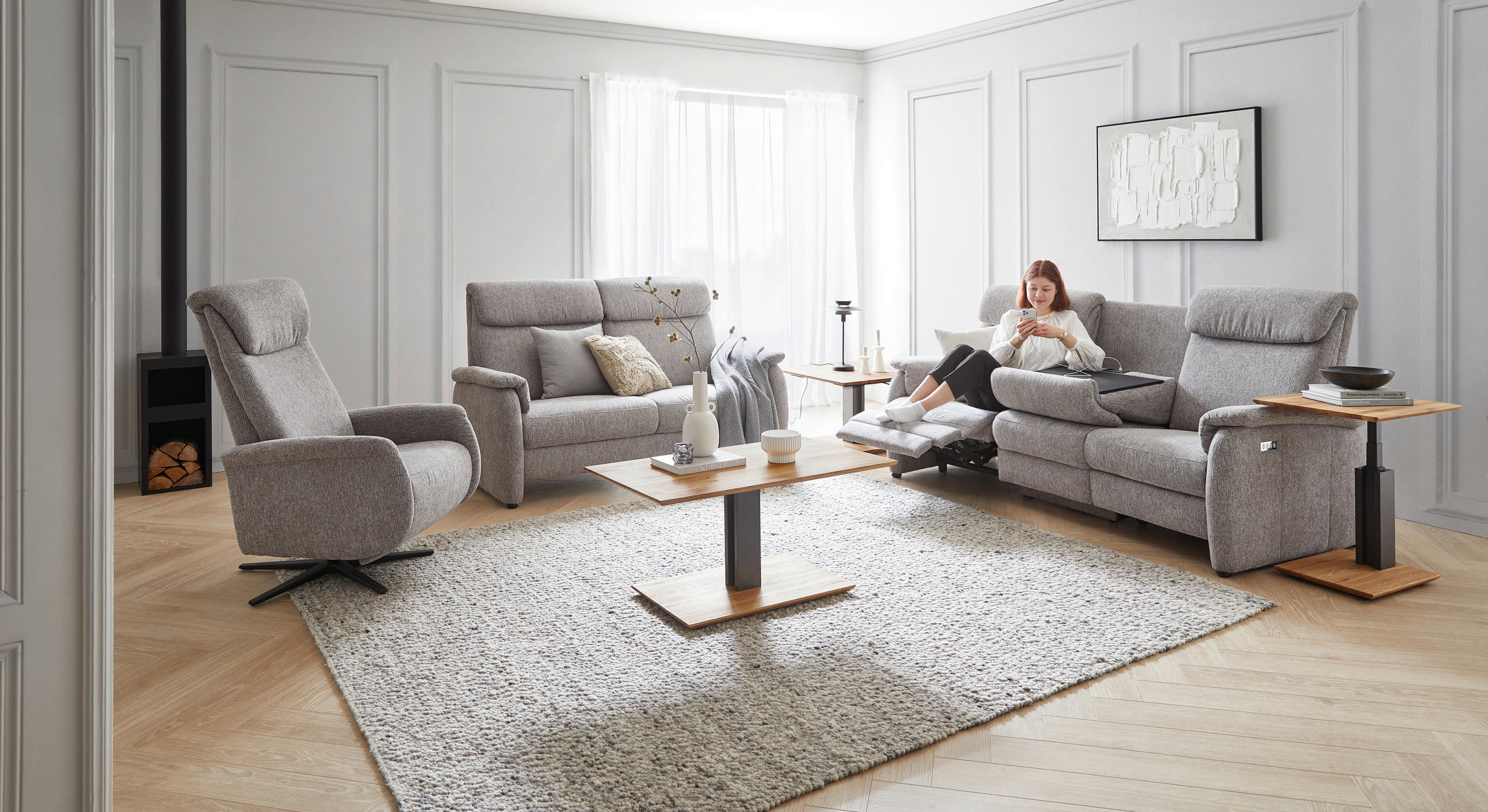 TRAPEZSOFA Flachgewebe Greige  - Greige/Schwarz, KONVENTIONELL, Textil/Metall (219/107/97cm) - Pure Home Comfort