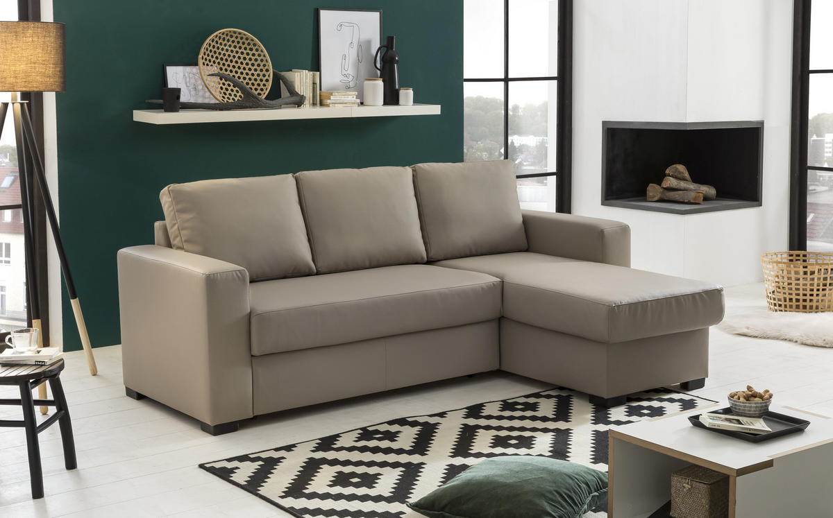 ECKSOFA Sandfarben Lederlook  - Sandfarben, Basics, Kunststoff/Textil (220/150cm) - MID.YOU