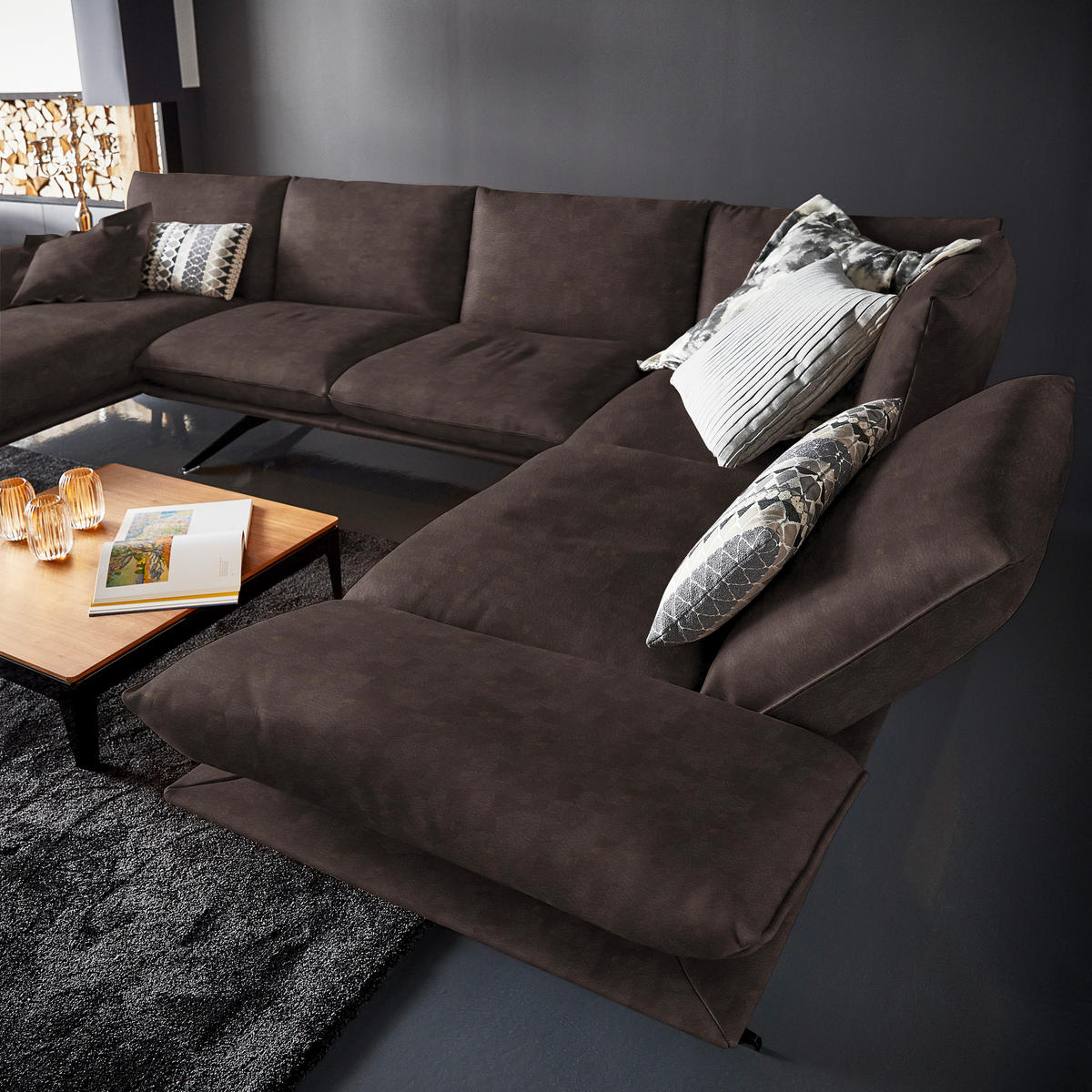 WOHNLANDSCHAFT in Echtleder Braun  - Schwarz/Braun, Natur, Leder/Metall (155/359/217cm) - Dieter Knoll