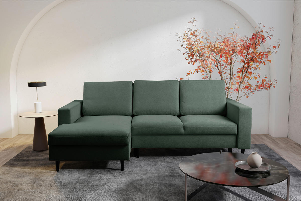 ECKSOFA in Struktur Dunkelgrün  - Dunkelgrün/Schwarz, Modern, Holz/Kunststoff (145/230cm) - MID.YOU