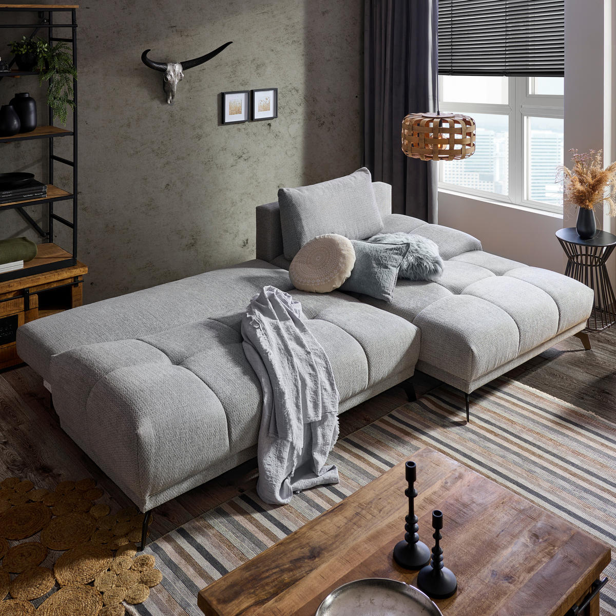 ECKSOFA in Chenille Grau  - Schwarz/Grau, Modern, Textil/Metall (290/182cm) - Hom`in