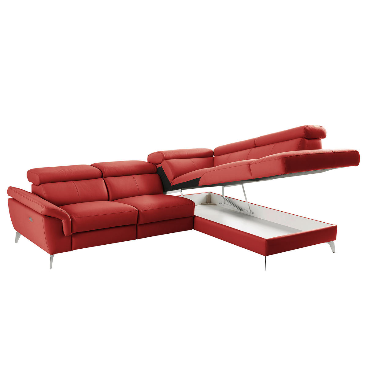 ECKSOFA Rot Echtleder Lederlook Rücken echt, Armteilverstellung, Relaxfunktion, Kopfteilverstellung  - Chromfarben/Rot, Design, Leder/Textil (265/210cm) - Livetastic