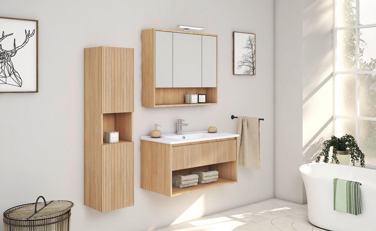 UMIVAL. ENOTA Z UMIVALNIKOM 80/50/46 cm  - barve hrasta/bela, Moderno, leseni material/keramika (80/50/46cm) - Ti'me