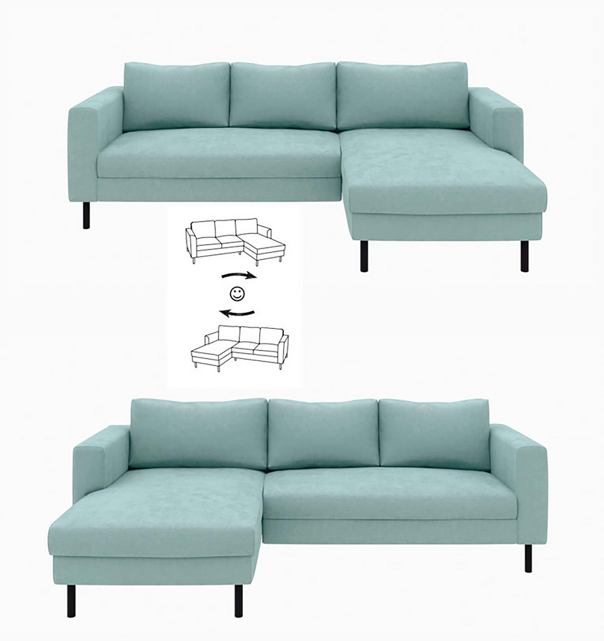 ECKSCHLAFSOFA  mit Rücken echt, Armteil links, Armteil rechts Cord Mintgrün  - Schwarz/Mintgrün, MODERN, Textil/Metall (232/161cm) - Trendmanufaktur