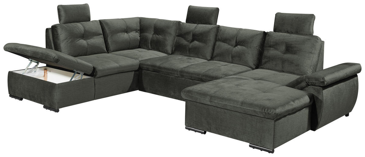 WOHNLANDSCHAFT Dunkelgrün Mikrovelours  - Dunkelgrün/Schwarz, KONVENTIONELL, Kunststoff/Textil (217/334/127cm) - Carryhome