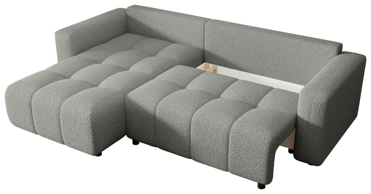 ECKSOFA Hellgrau Bouclé Zierkissen, Rückenkissen, Bettkasten, Schlaffunktion, Rücken echt, Liegefläche im Originalstoff  - Hellgrau/Schwarz, MODERN, Kunststoff/Textil (190/280cm) - Carryhome