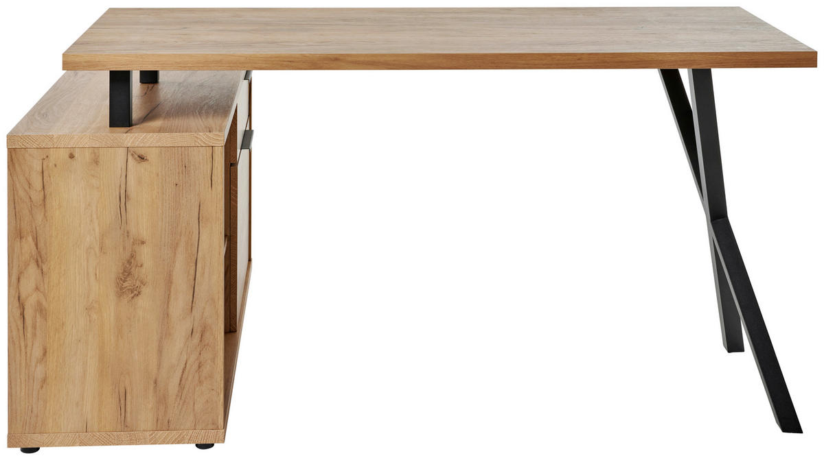 ECKSCHREIBTISCH 150/110/74 cm  in Schwarz, Eichefarben  - Eichefarben/Schwarz, MODERN, Holzwerkstoff/Metall (150/110/74cm) - MID.YOU