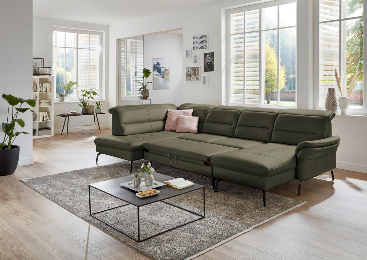 WOHNLANDSCHAFT Echtleder Grau, Grün  - Schwarz/Grau, Design, Leder/Metall (206/336/181cm) - Beldomo Speed