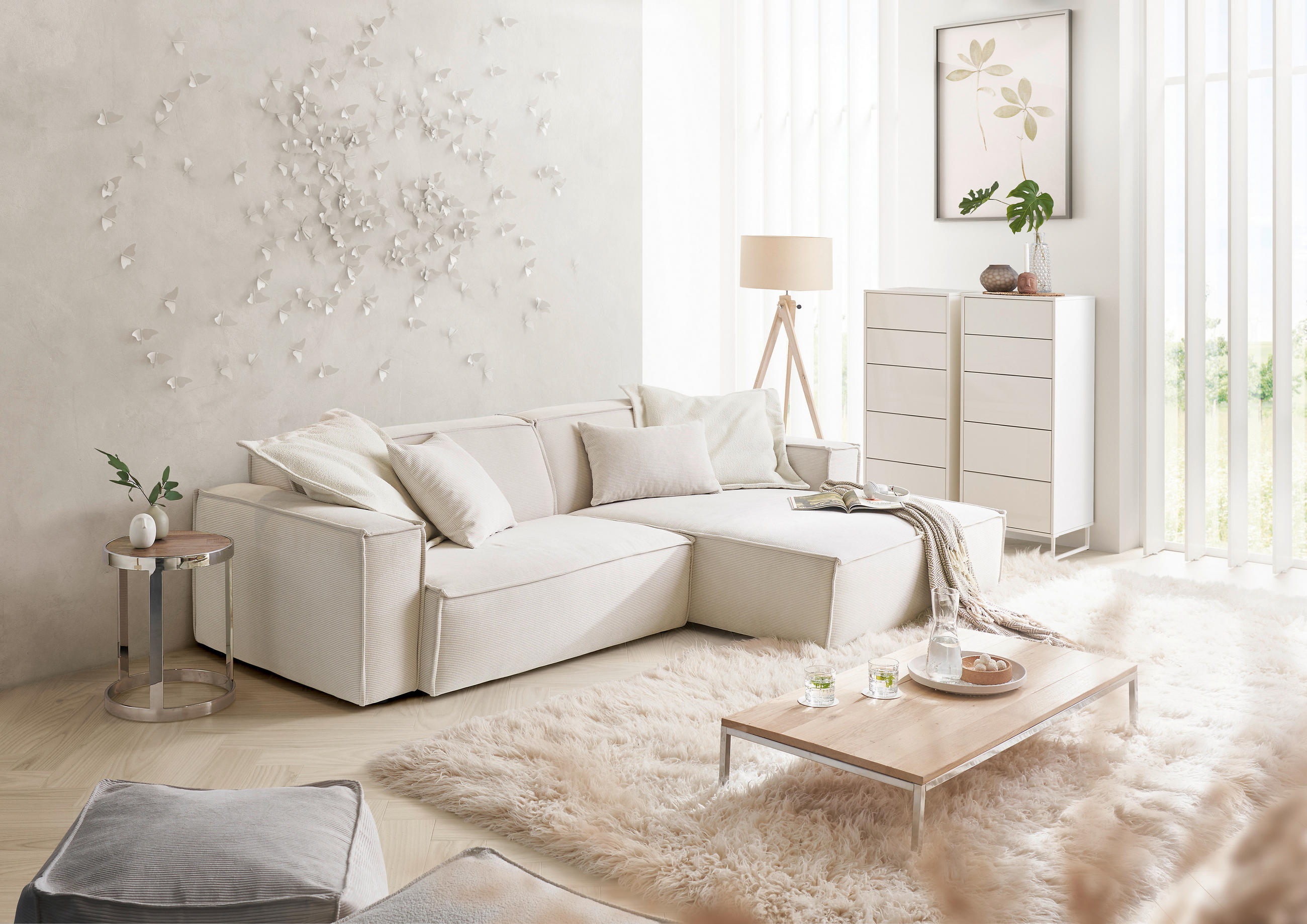 ECKSOFA in Feincord Weiss  - Weiss/Schwarz, Konventionell, Kunststoff/Textil (276/168cm) - Hom`in