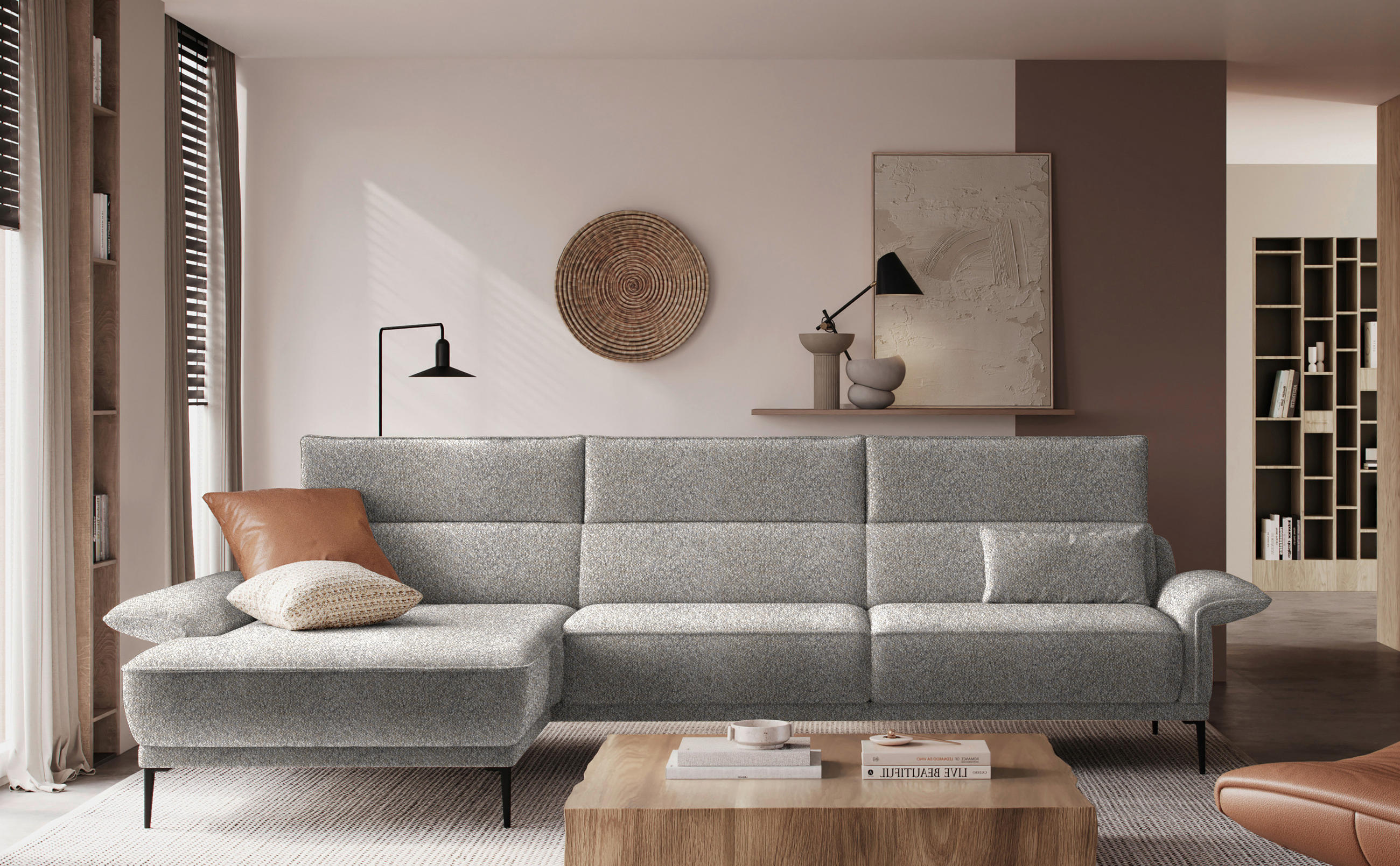 ECKSOFA in Bouclé Hellgrau  - Hellgrau/Schwarz, Modern, Textil/Metall (186/330cm) - Johann Jakob