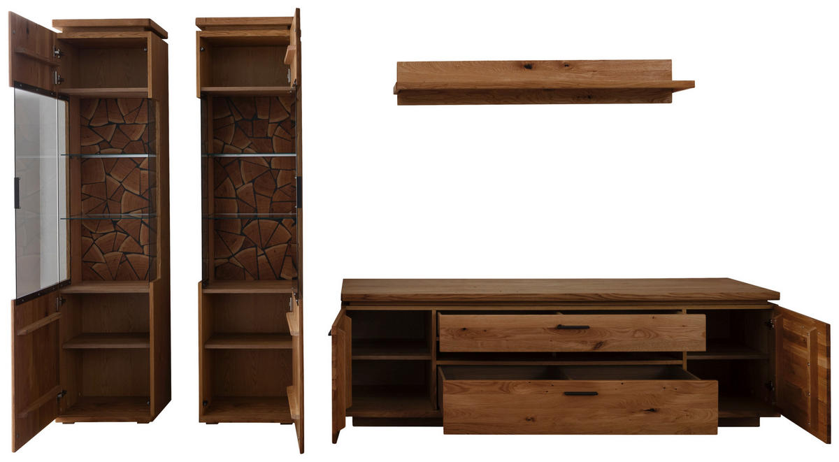 WOHNWAND 4-teilig  Eichefarben 340/204/50 cm  LED-Leuchtmittel   - Eichefarben/Schwarz, Natur, Glas/Holz (340/204/50cm) - Linea Natura