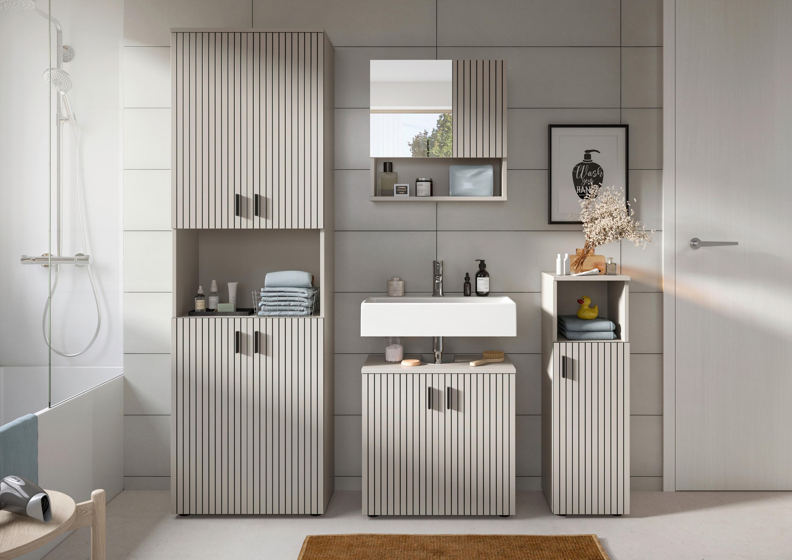 BADEZIMMER 4-teilig  in 150 cm  - Kaschmir/Schwarz, Trend, Glas/Holzwerkstoff (150cm) - MID.YOU