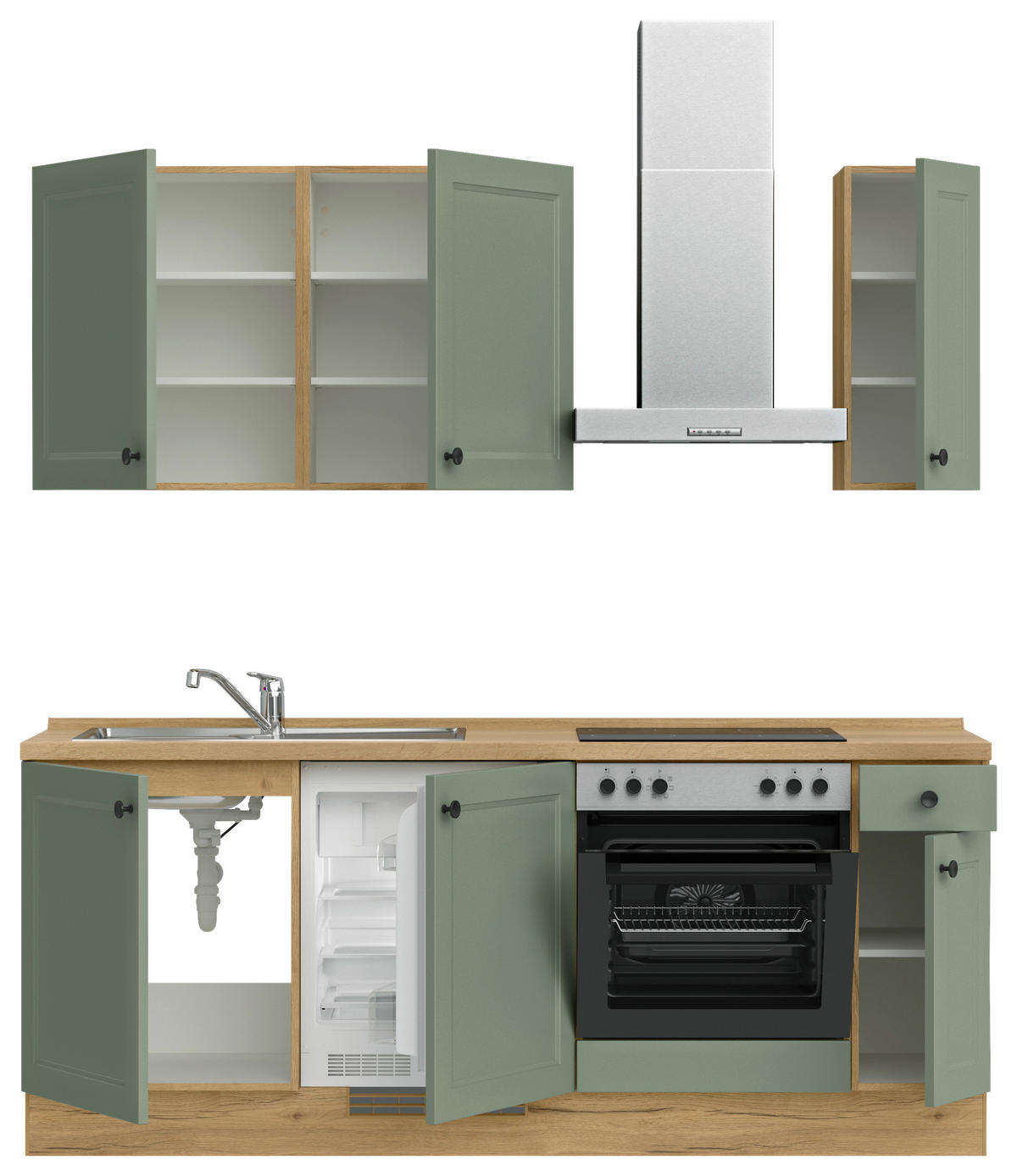 KÜCHENBLOCK Cascada 210 cm  in Grün, Eichefarben  - Eichefarben/Schwarz, MODERN, Holzwerkstoff/Metall (210cm) - Nobilia