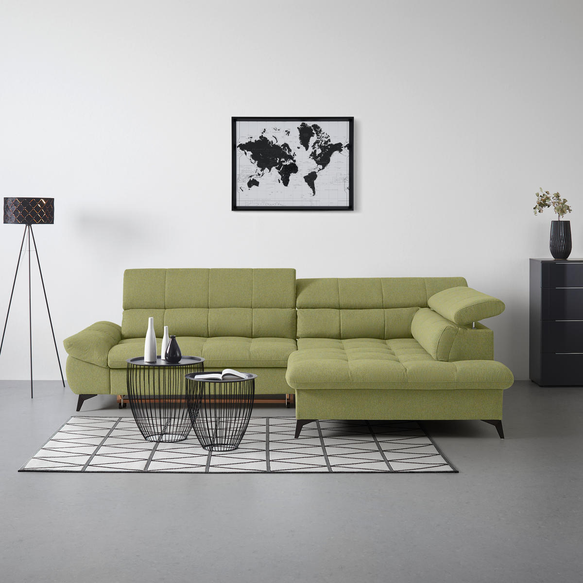 ECKSOFA Chenille Olivgrün  - Schwarz/Olivgrün, Modern, Textil/Metall (296/201cm) - Livetastic