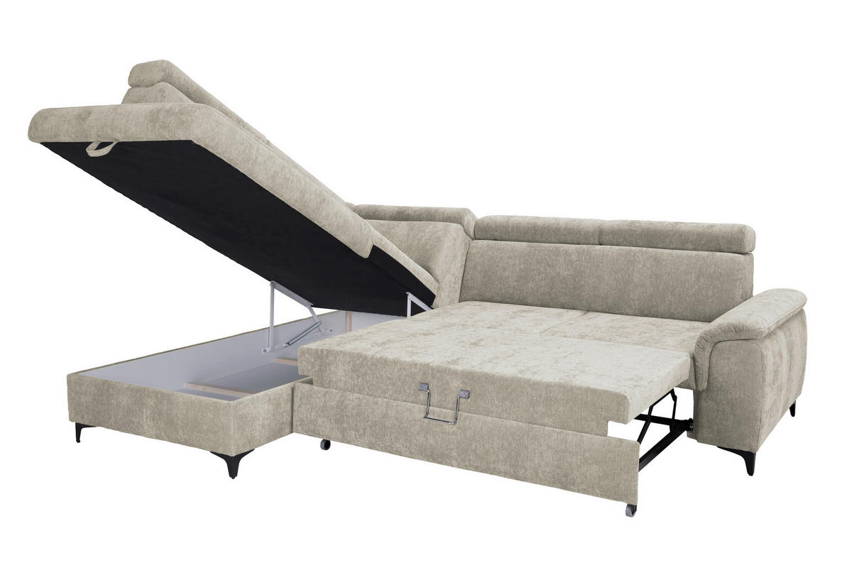 ECKSOFA Naturfarben Chenille Bettkasten, Schlaffunktion, Rücken echt, Kopfteilverstellung, Liegefläche im Originalstoff  - Schwarz/Naturfarben, KONVENTIONELL, Textil/Metall (206/265cm) - Carryhome
