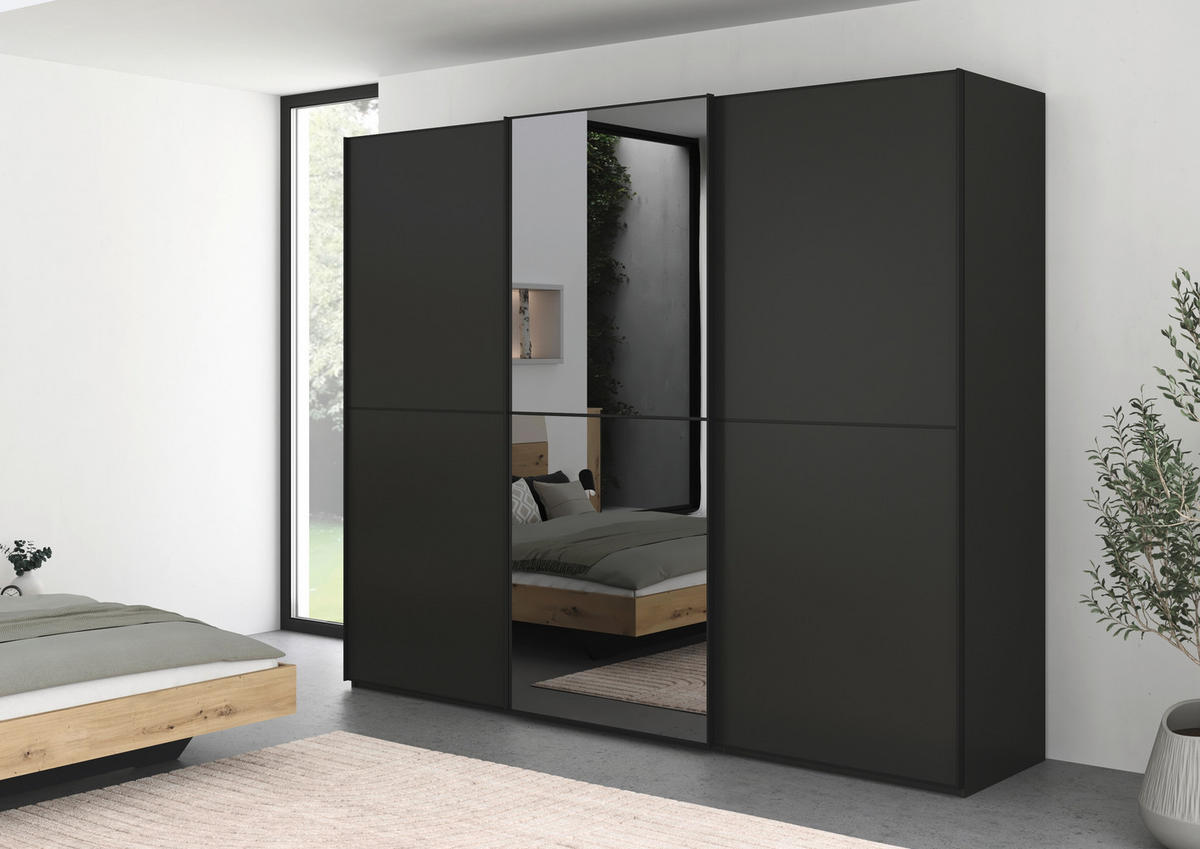 SCHWEBETÜRENSCHRANK in Graphitfarben, Schwarz  - Schwarz/Graphitfarben, Konventionell, Glas/Holzwerkstoff (242/223/68cm) - Novel