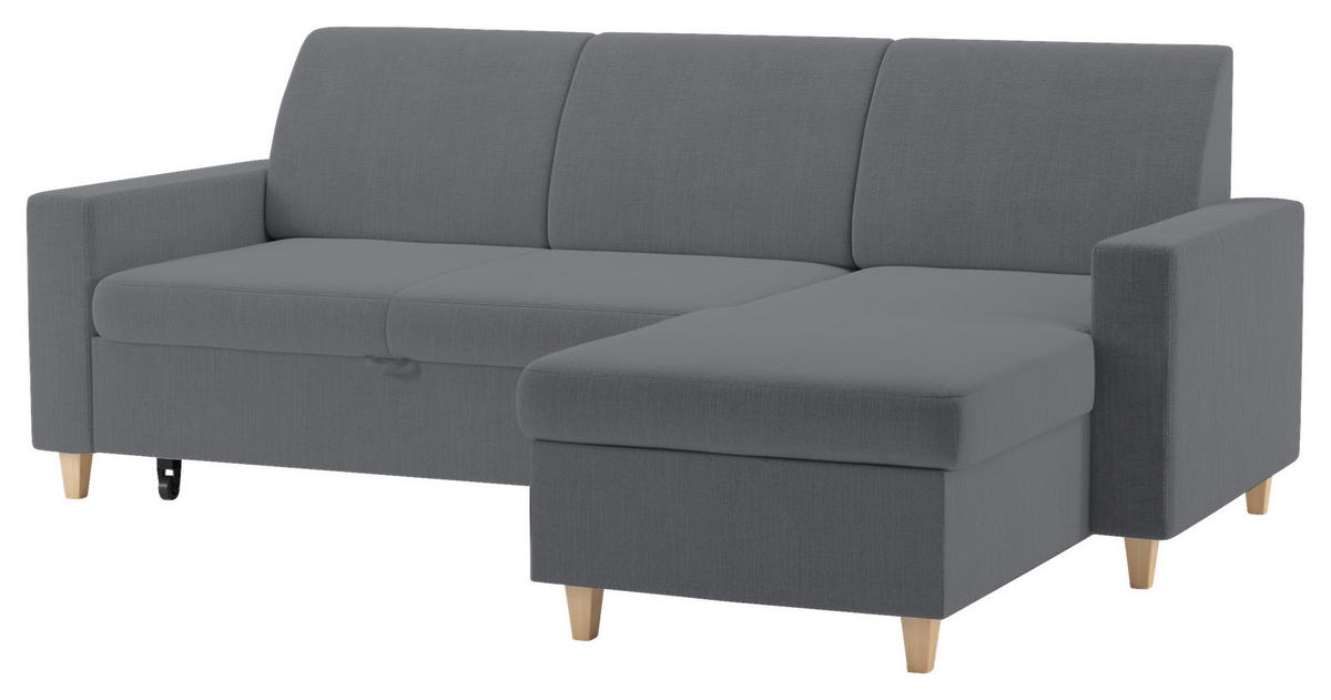 ECKSOFA NIKAS Grau Flachgewebe Bettkasten  - Buchefarben/Grau, Design, Holz/Textil (227/156cm) - MID.YOU