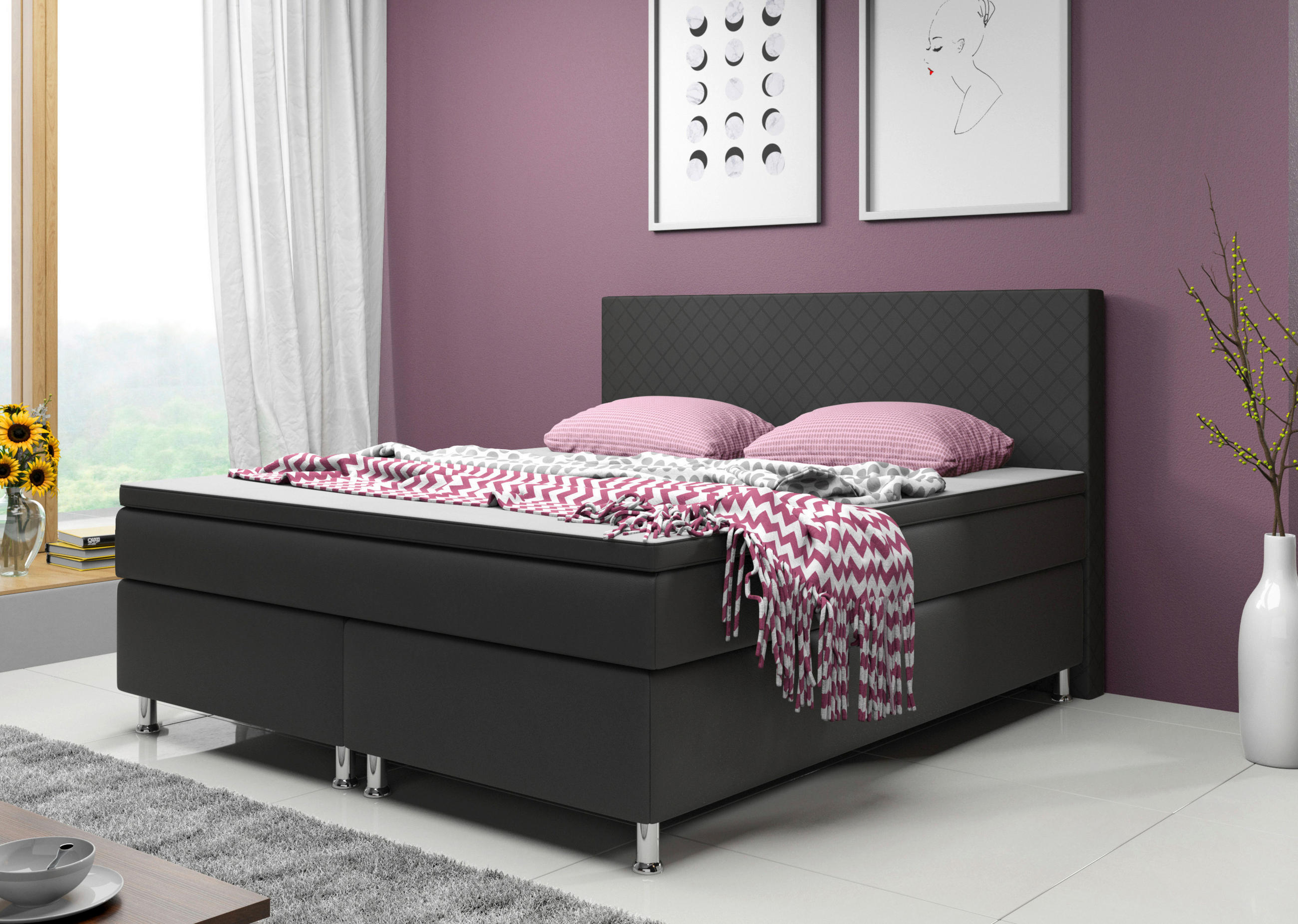 Boxspringbett mit Topper  in Schwarz  - Silberfarben/Schwarz, KONVENTIONELL, Leder/Textil (180/115/210cm) - MID.YOU