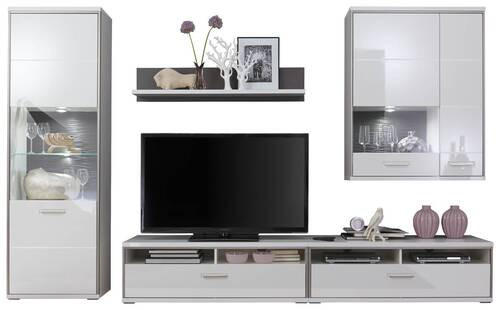 WOHNWAND in Grau, Silberfarben, Weiss 321/201/52 cm - Weiss Hochglanz/Weiss, Design, Glas/Holzwerkstoff (321/201/52cm) - Livetastic