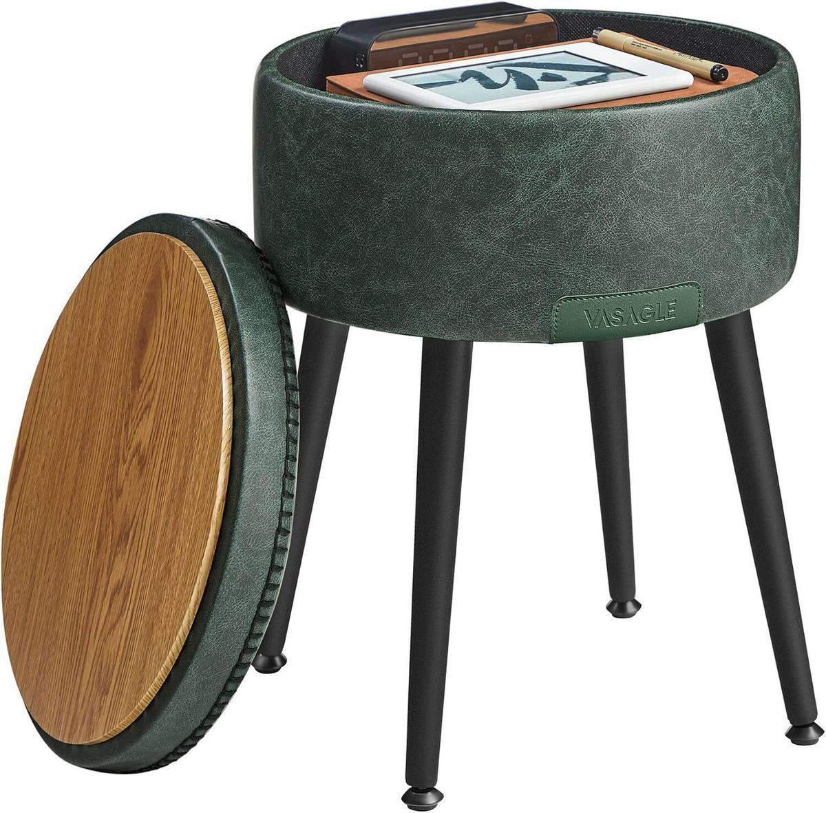 HOCKER Lederlook Schwarz, Dunkelgrün  - Dunkelgrün/Creme, Trend, Textil/Metall (32/44/32cm) - MID.YOU