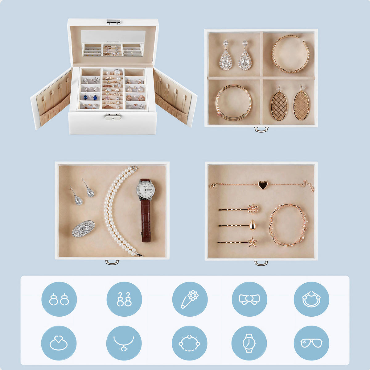 SCHMUCKKÄSTCHEN - Beige/Weiß, Trend, Leder/Holzwerkstoff (22,5/16,5/17,5cm) - Boxxx