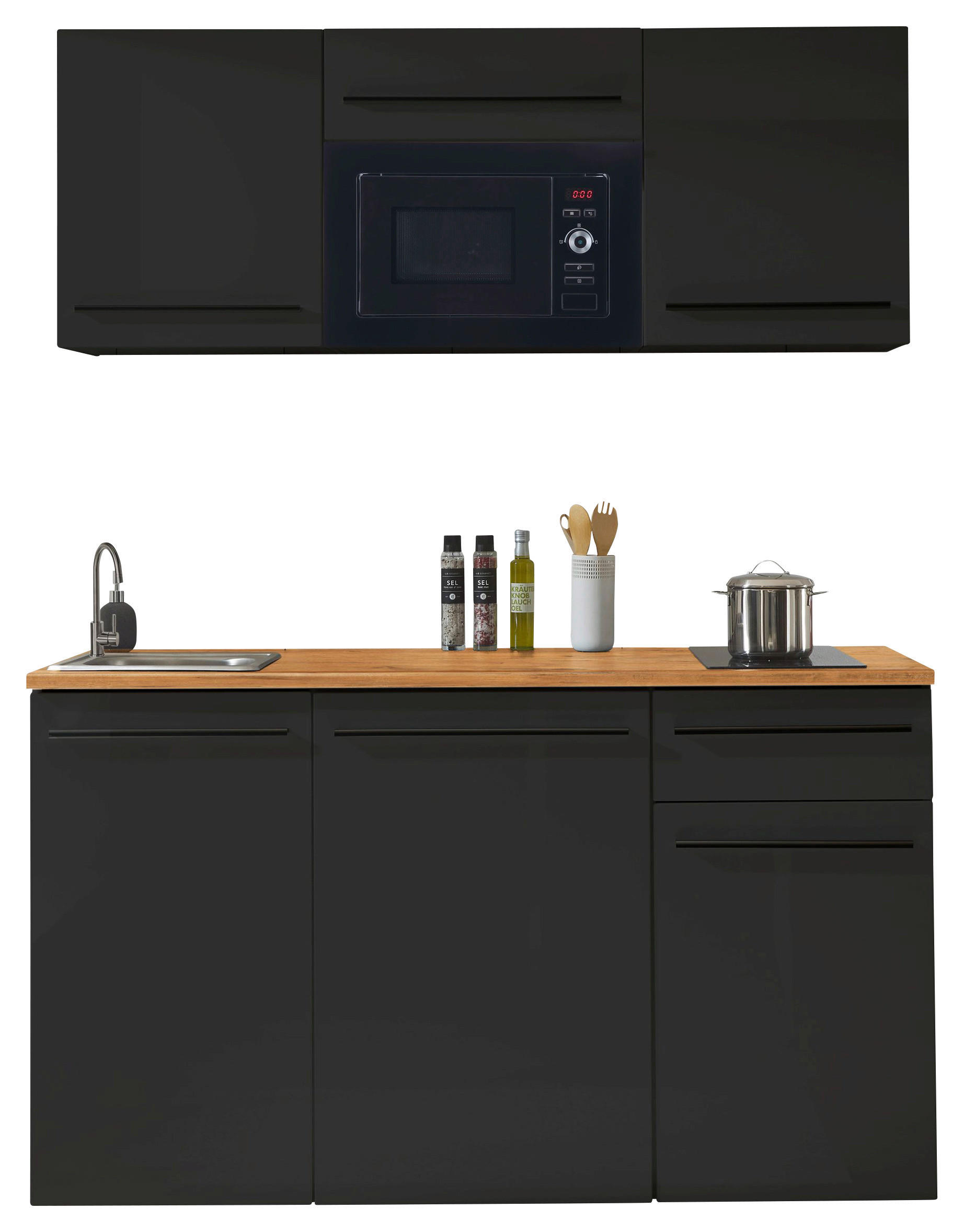 KÜCHENBLOCK 160 cm   in Schwarz, Eichefarben  - Eichefarben/Schwarz, Trend, Holzwerkstoff/Kunststoff (160cm) - Carryhome