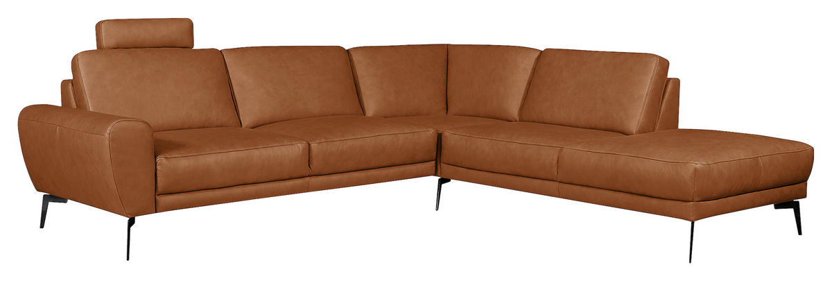 ECKSOFA in Echtleder Cognac  - Cognac/Schwarz, Design, Leder/Metall (273/250cm) - Livetastic