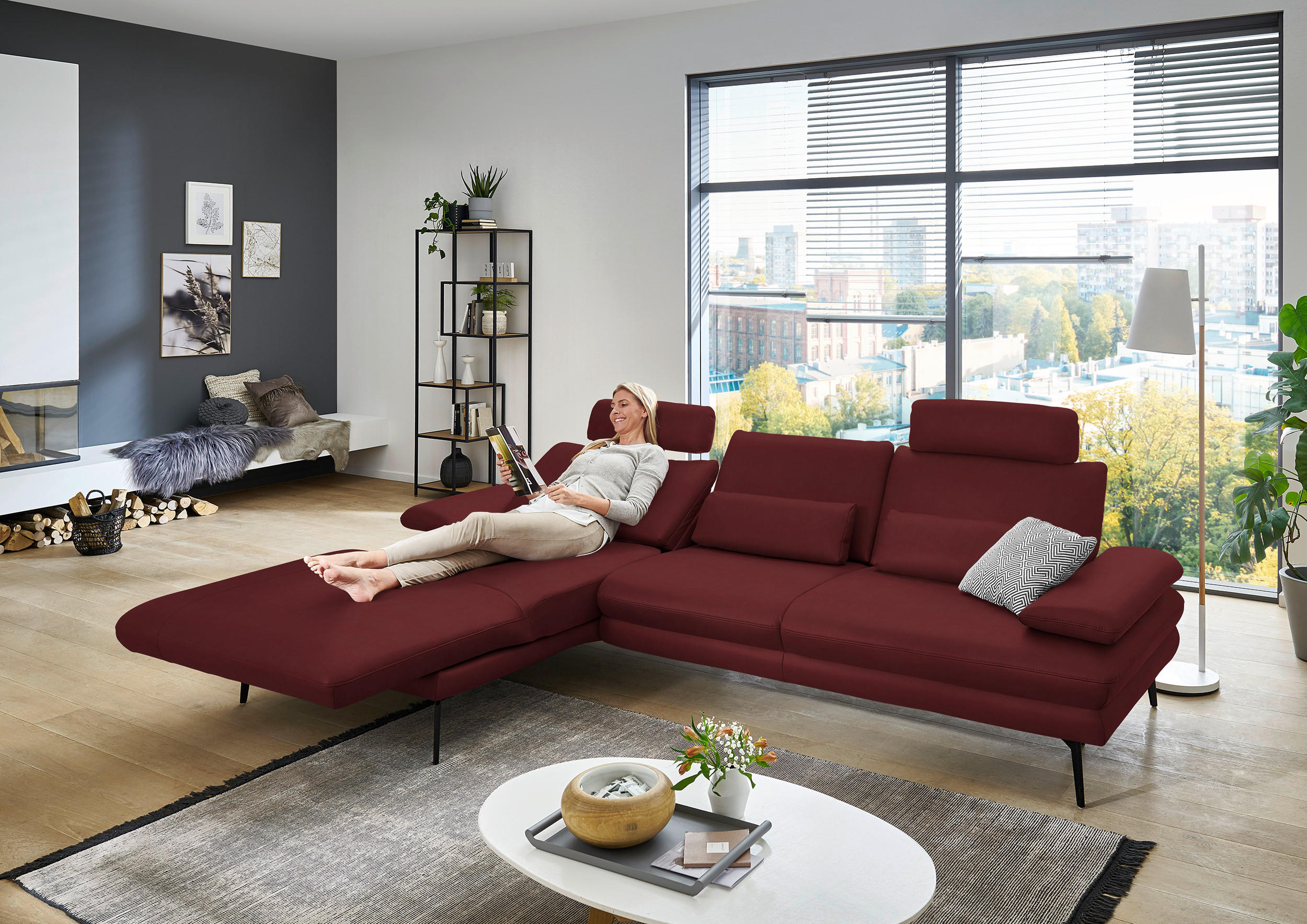ECKSOFA in Echtleder Rot  - Rot/Schwarz, Design, Leder/Metall (180/310cm) - Dieter Knoll