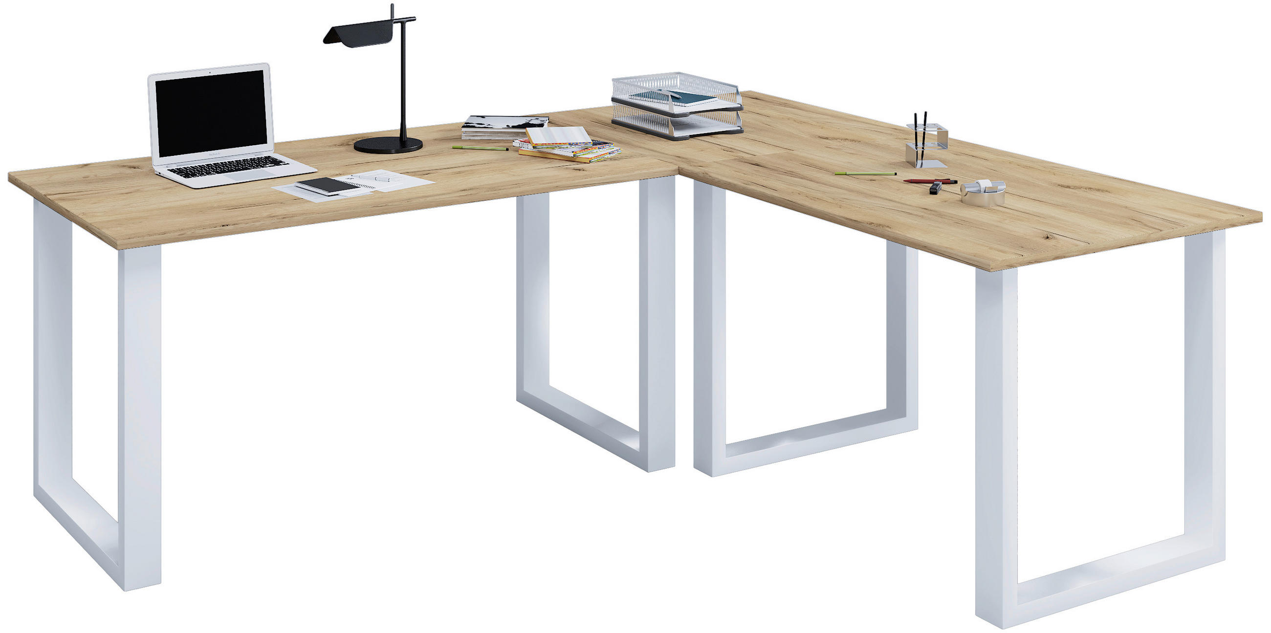 ECKSCHREIBTISCH 160/160/76 cm  in Silberfarben, Honigeiche  - Honigeiche/Silberfarben, Design, Holzwerkstoff/Metall (160/160/76cm) - MID.YOU