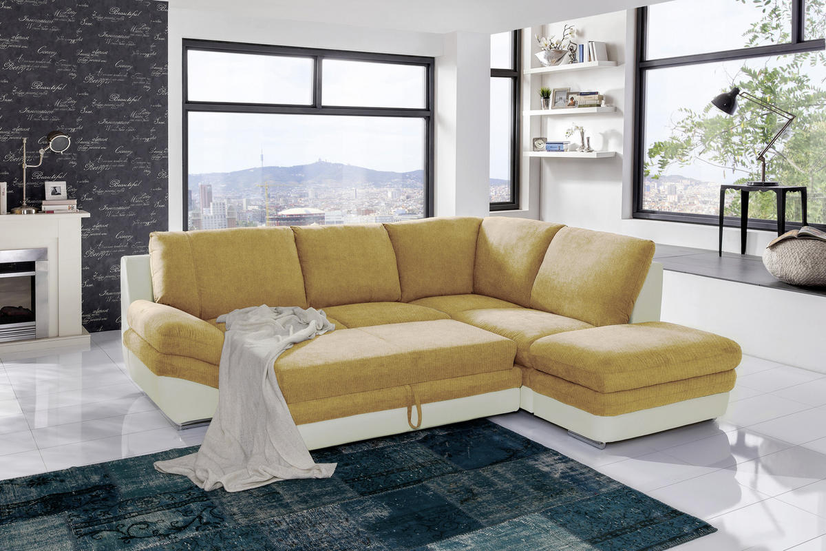 WOHNLANDSCHAFT in Creme, Dunkelgelb  - Chromfarben/Dunkelgelb, Modern, Textil/Metall (264/221cm) - MID.YOU