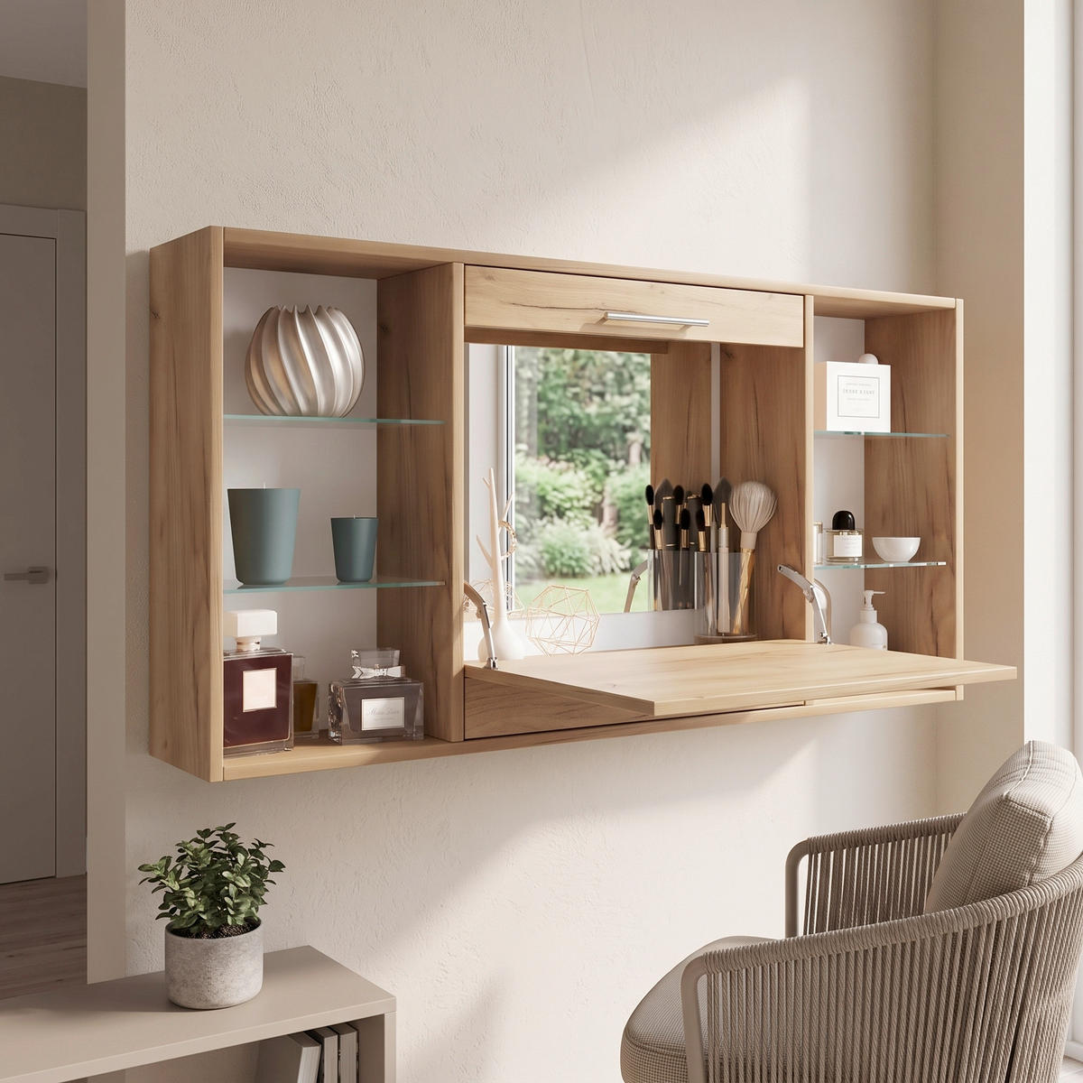WANDREGAL  - Honigeiche/Alufarben, MODERN, Glas/Holzwerkstoff (112/60/19,7cm) - MID.YOU