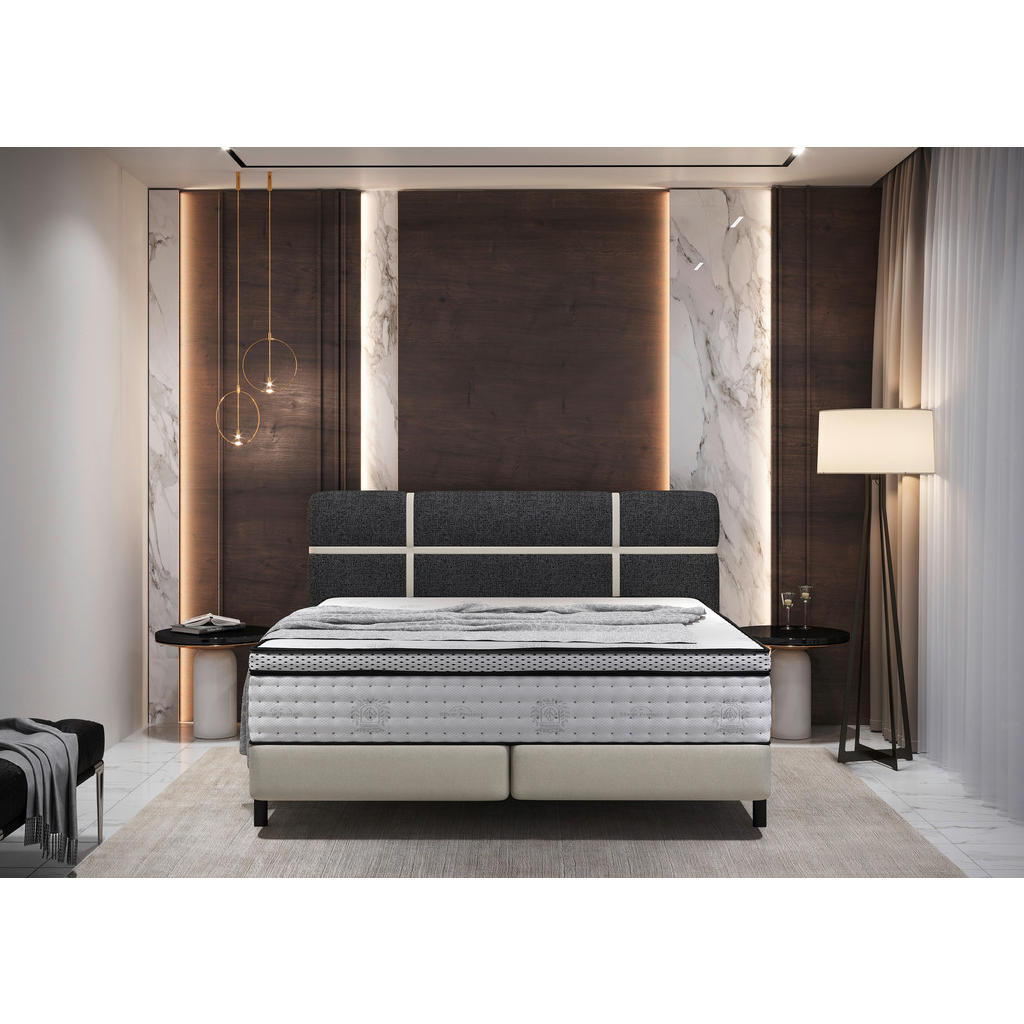 Thumbnail - Esposa Boxspringbett, Creme, Dunkelgrau, Textil, H3, Höhe ca. 27 cm, 180x200 cm, gepolstertes Kopfteil, Schlafzimmer, Be...