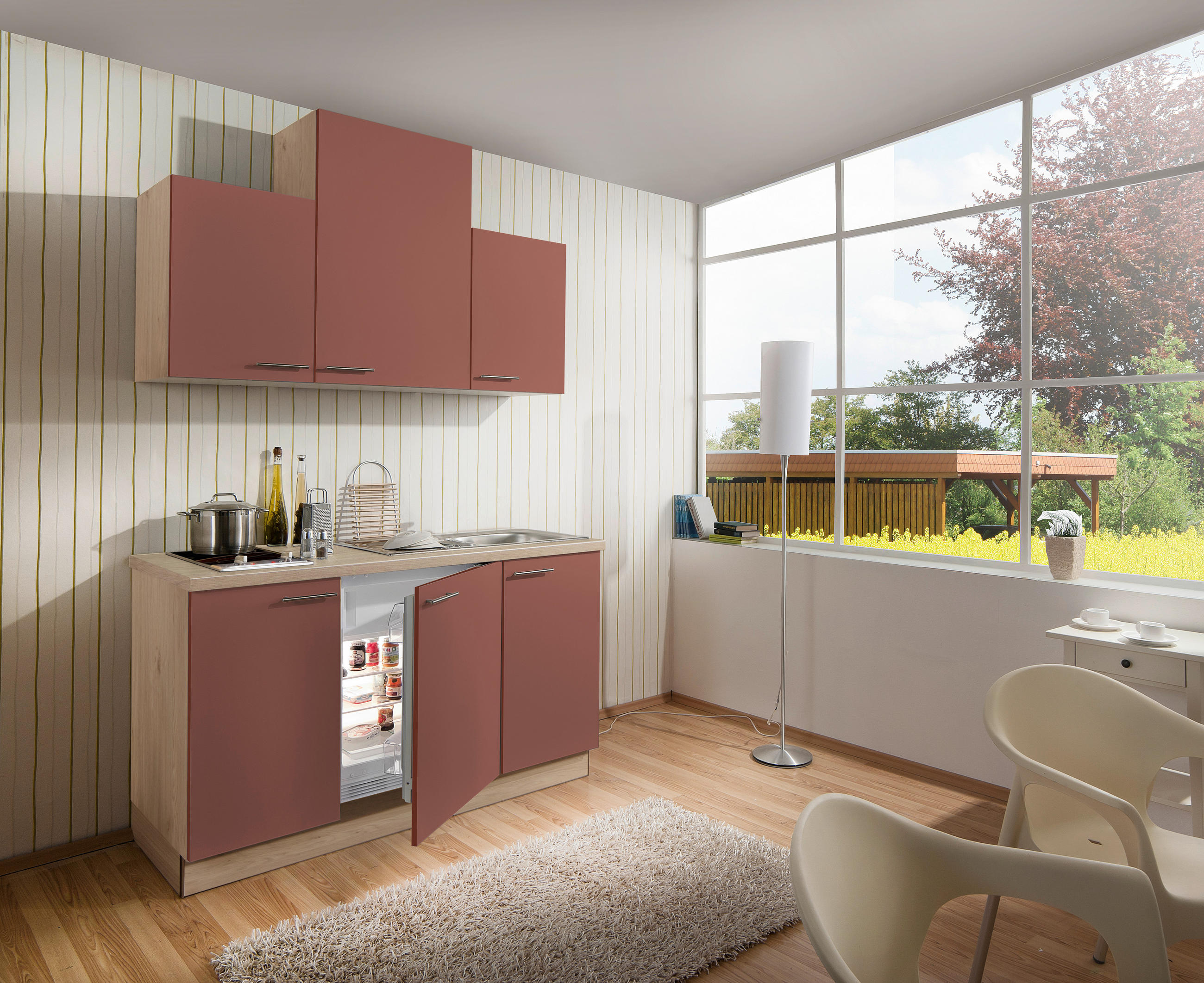 MINIKÜCHE 150 cm   in Rot, Wildeiche  - Wildeiche/Rot, KONVENTIONELL, Holzwerkstoff/Metall (150cm) - Welnova