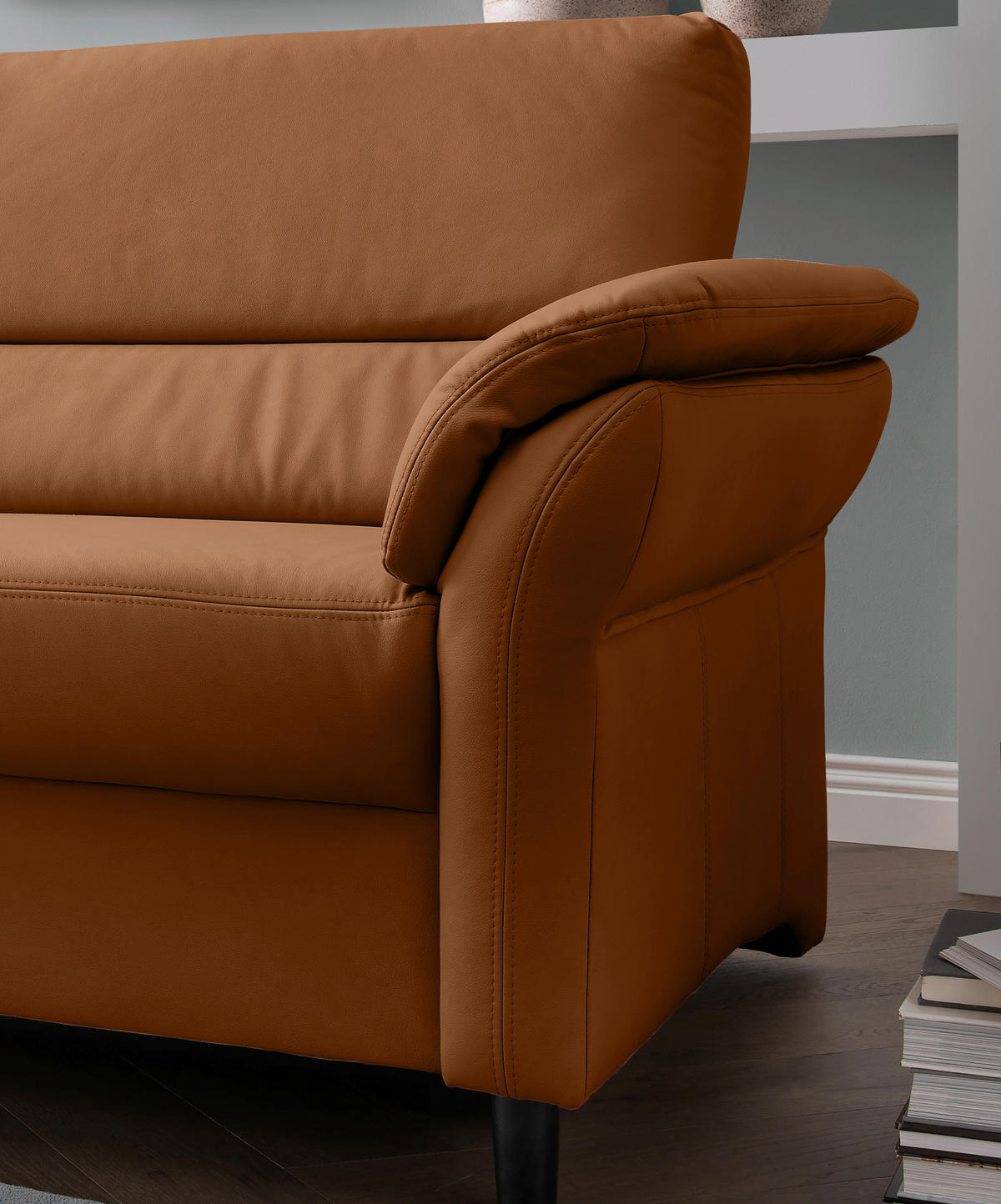 2-SITZER-SOFA in Lederlook Cognac  - Cognac/Schwarz, Modern, Holz/Textil (147/90/89cm) - Livetastic