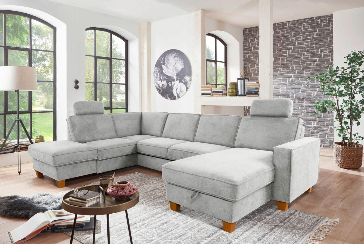 WOHNLANDSCHAFT  in Flachgewebe Silberfarben  - Eichefarben/Silberfarben, KONVENTIONELL, Holz/Textil (213/309/161cm) - Sit & More