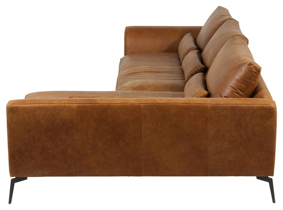 ECKSOFA in Echtleder Cognac  - Cognac/Schwarz, Design, Leder/Metall (313/172cm) - Livetastic