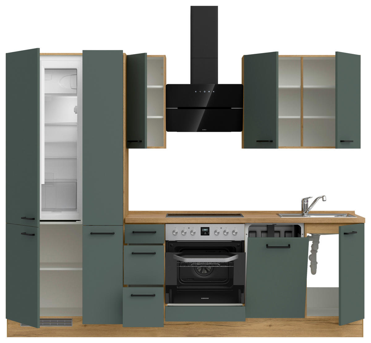 KÜCHENBLOCK Easytouch 270 cm  in Eichefarben, Dunkelgrün  - Dunkelgrün/Eichefarben, MODERN, Holzwerkstoff/Metall (270cm) - Nobilia