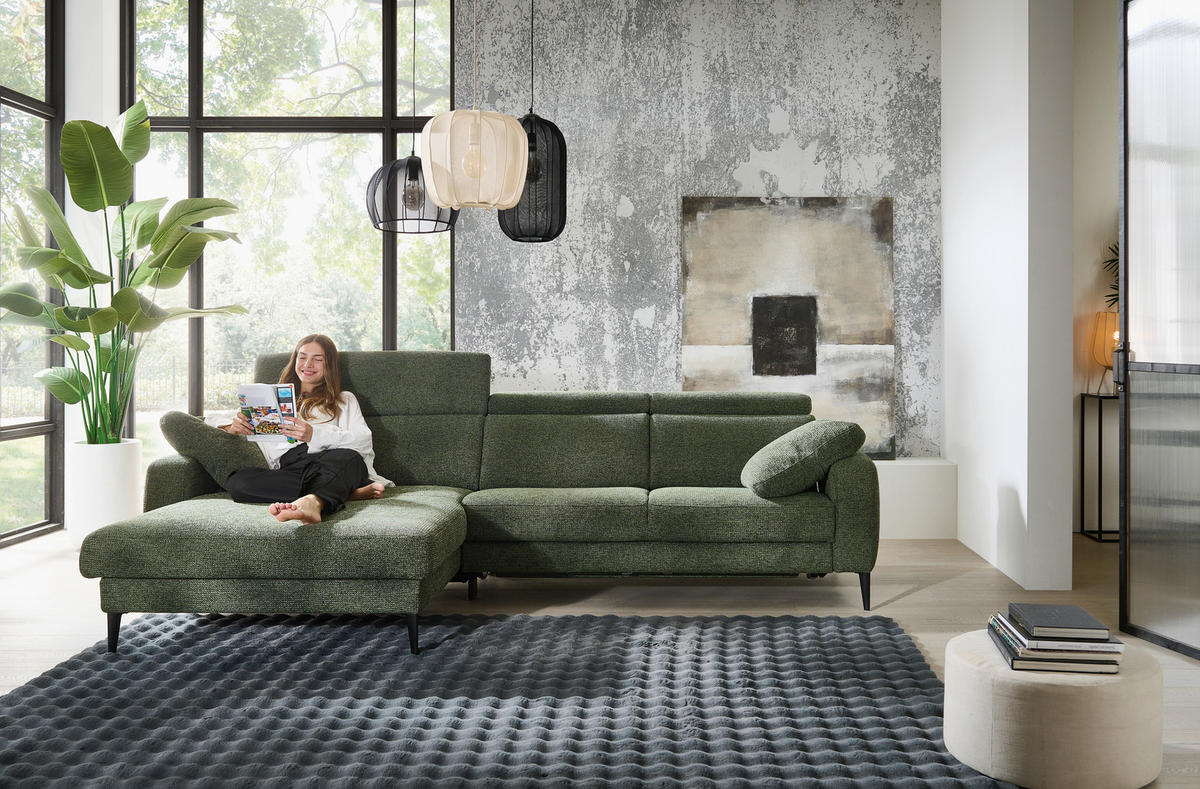 ECKSOFA Grün Chenille  - Schwarz/Grün, KONVENTIONELL, Textil/Metall (177/300cm) - Valdera