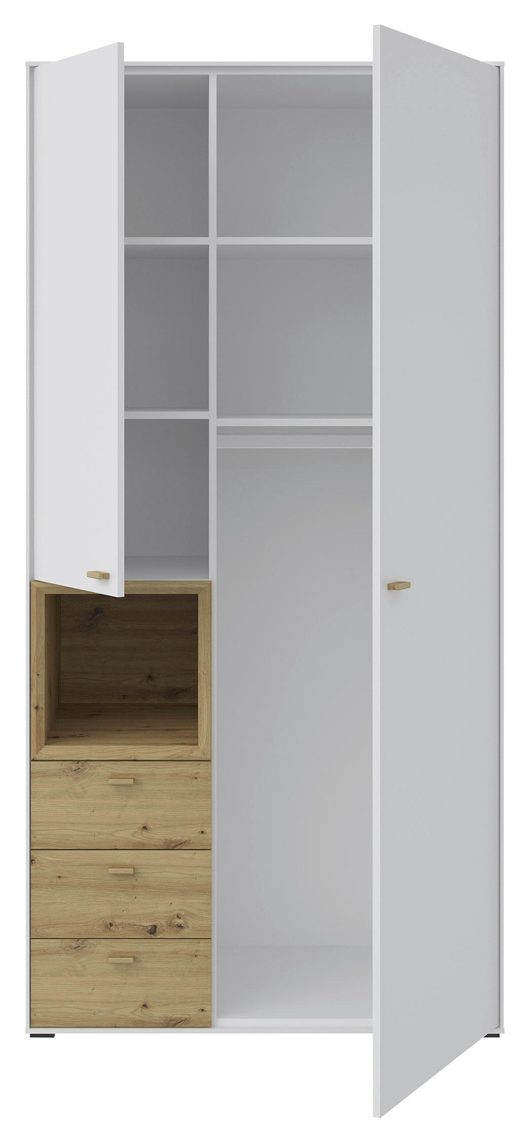 Thumbnail - Hom`in Drehtürenschrank, Eiche, Sand, Holzwerkstoff, Eiche, massiv, 4 Fächer, 3 Schubladen, 105x214x60 cm, Beimöbel erhä...