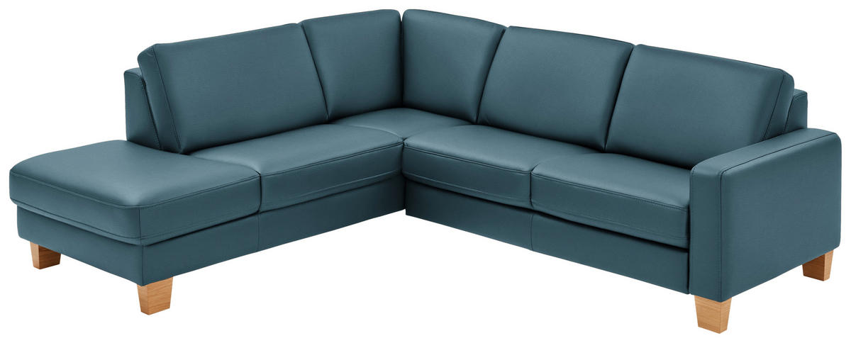 ECKSOFA in Echtleder Blau  - Blau/Eiche Bianco, Konventionell, Leder/Holz (235/257cm) - Valdera