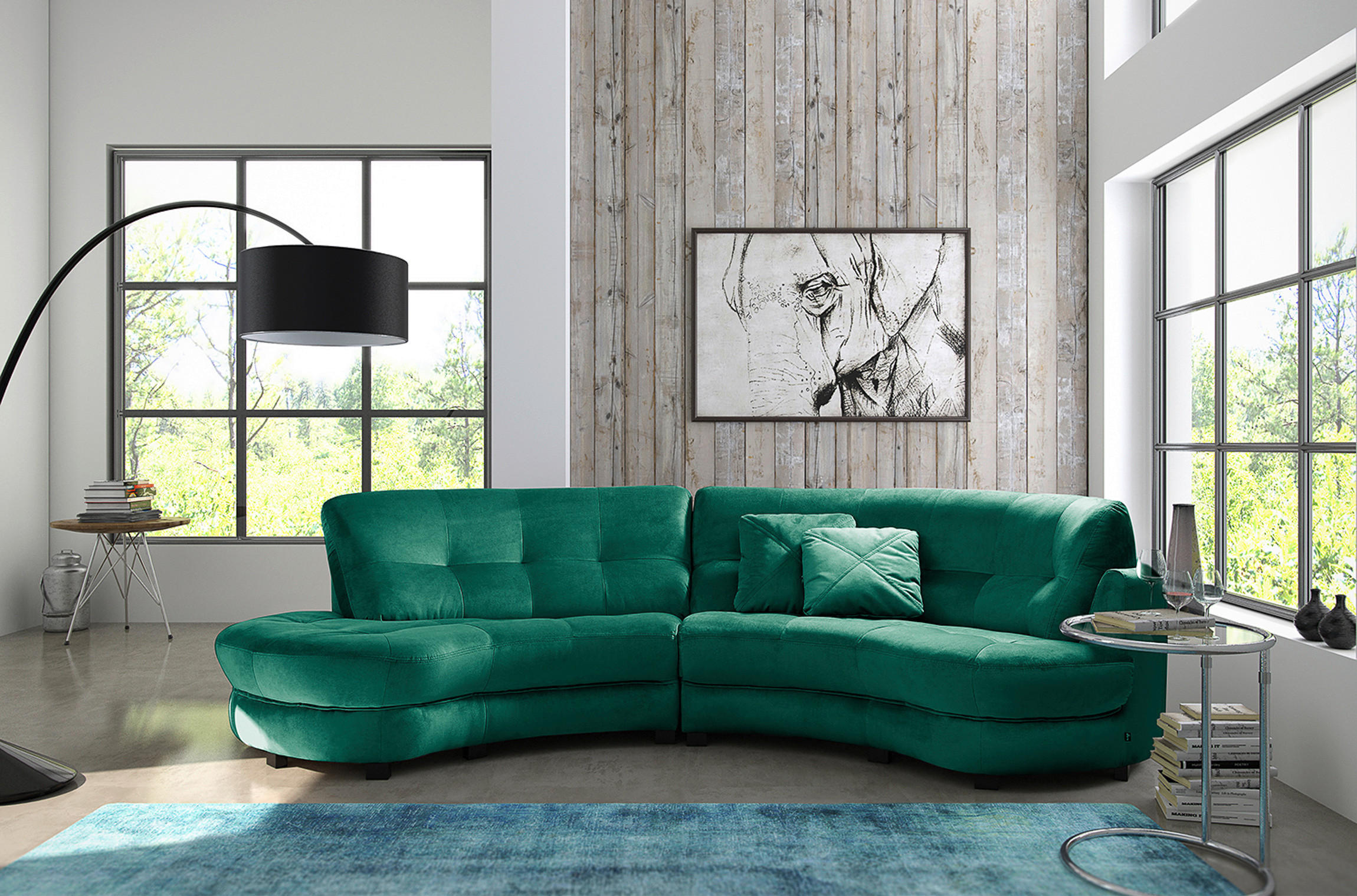 ECKSOFA Ottomane links, Rundform  BRETANIA Dunkelgrün Samt  - Dunkelgrün/Schwarz, Design, Kunststoff/Textil (113/300cm) - Livetastic
